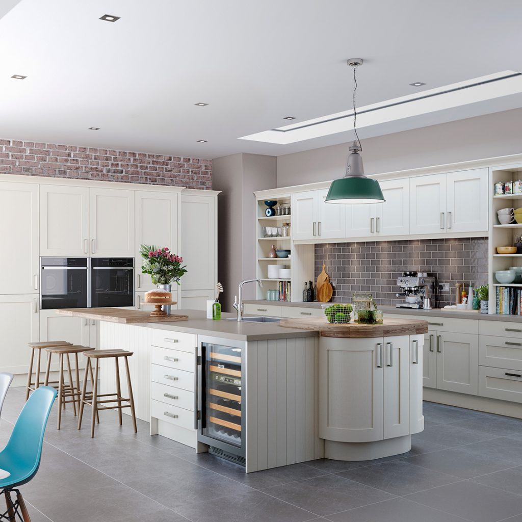 Barnes putty solid wood kitchen with curved cabinets and curved cabinets